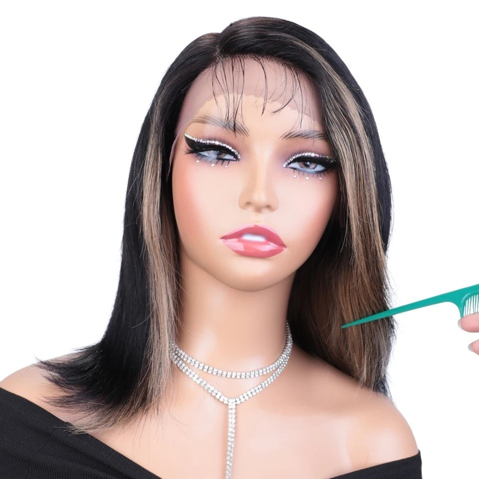 RitzWigs bone straight human hair lace front bob wig with side part and blonde highlights on a mannequin head