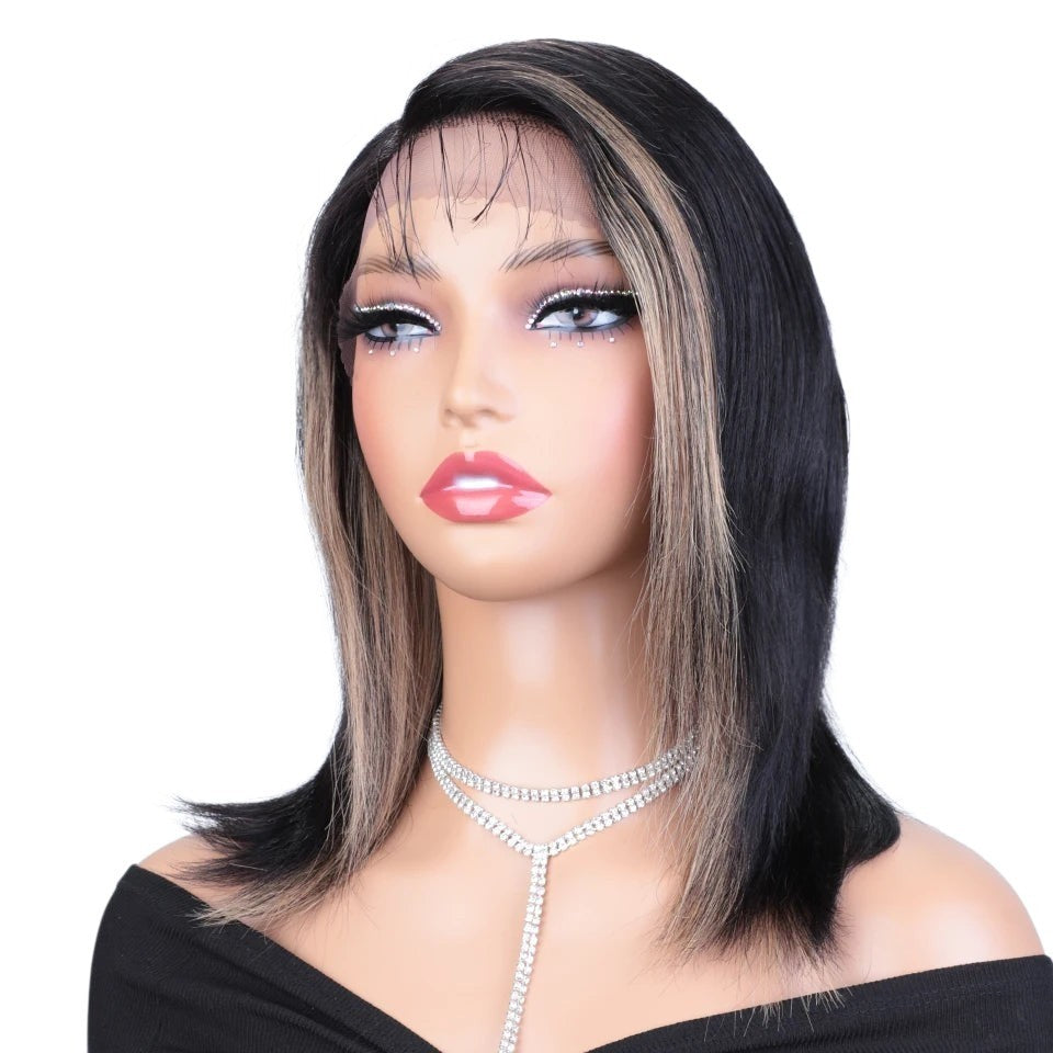 RitzWigs bone straight human hair bob wig with side part, transparent lace front, and highlighted face-framing strands.