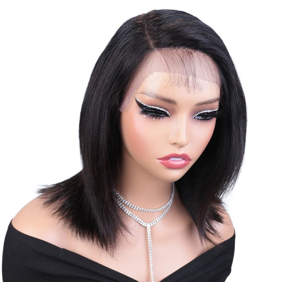 RitzWigs bone straight Brazilian human hair bob wig with transparent lace front and side part on a mannequin head