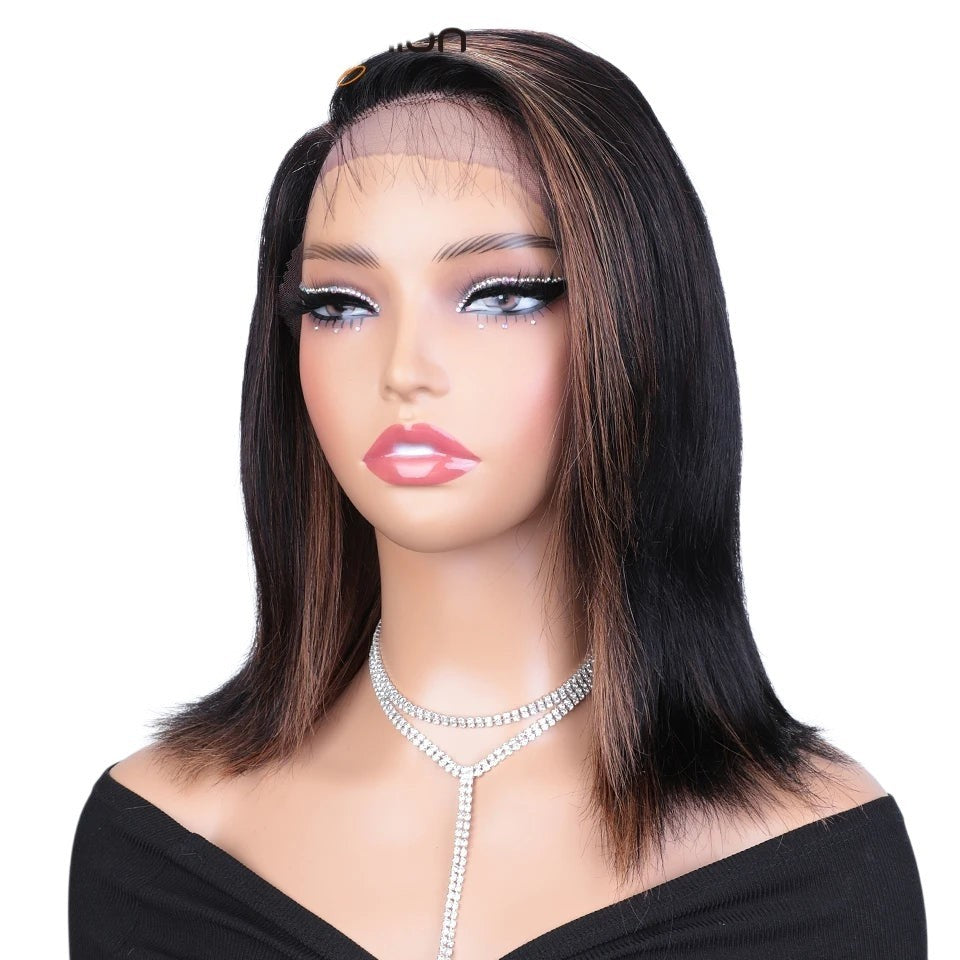 RitzWigs straight human hair lace front bob wig with side part and natural highlights on a mannequin head
