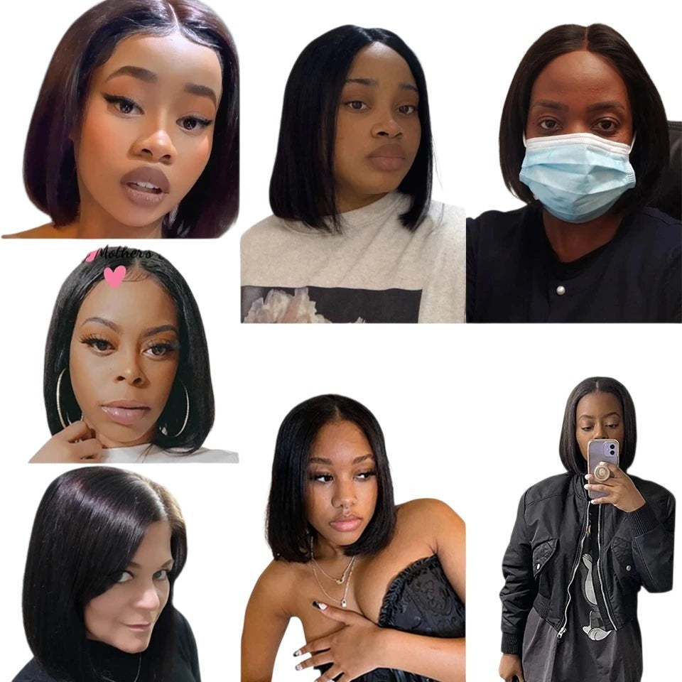 RitzWigs Brazilian straight human hair bob wig with natural black finish and Swiss lace part for a sleek look