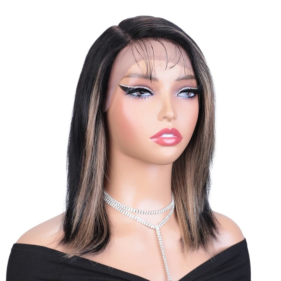 RitzWigs bone straight Brazilian human hair bob wig with transparent lace front and highlighted side part on a mannequin