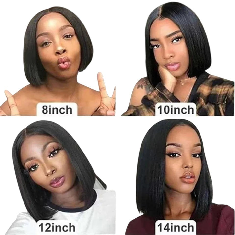 RitzWigs straight human hair bob wigs in various lengths from 8 to 14 inches on models with natural black hair