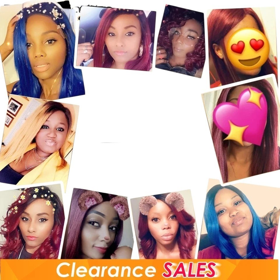 RitzWigs collage of women wearing various straight human hair bob wigs in blue and ombre red styles