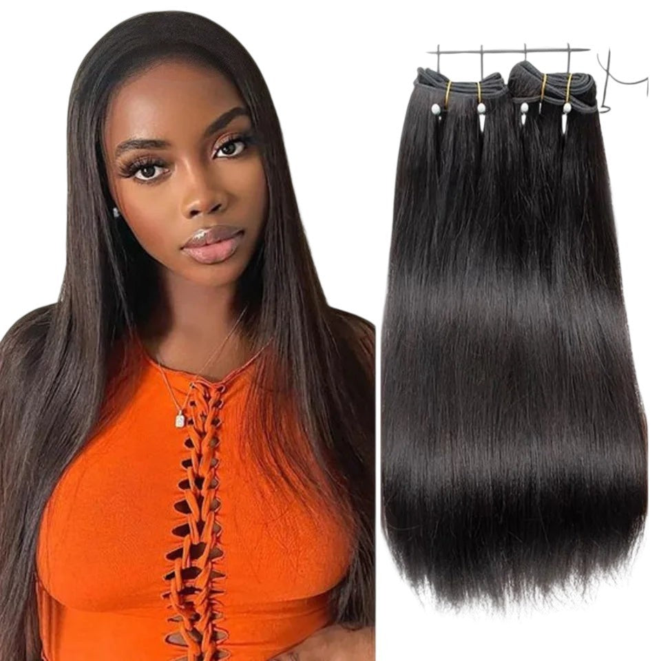 RitzWigs straight human hair weave bundles with a natural dark finish shown next to a model with long straight hair.