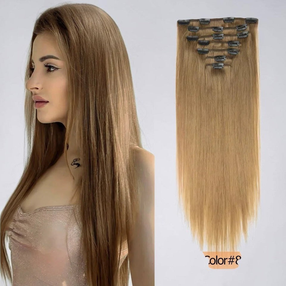 RitzWigs straight human hair clip-in extensions in a natural light brown shade with invisible double weft design.
