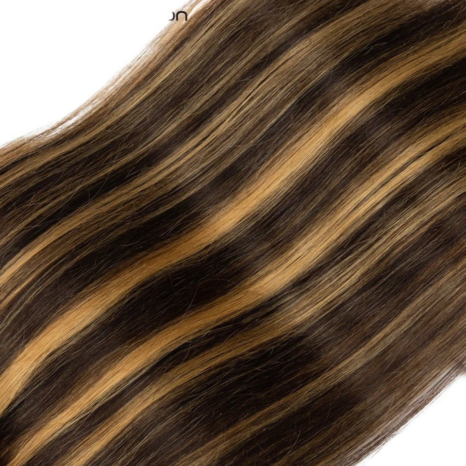 RitzWigs straight human hair clip-in extensions featuring brown and blonde highlights in a double weft set
