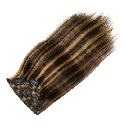 RitzWigs straight human hair clip-in extensions in brown and honey blonde highlights with a double weft design.