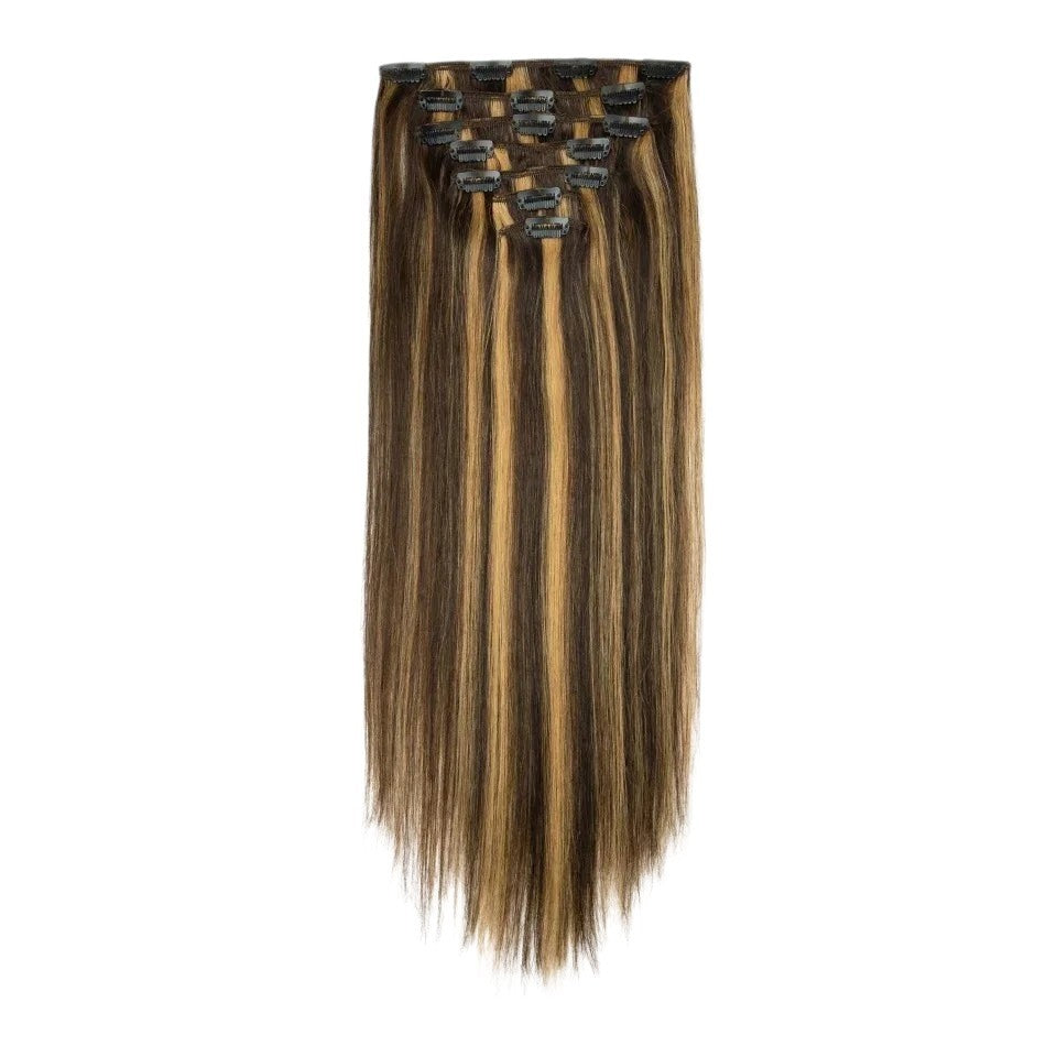 RitzWigs straight human hair clip-in extensions in P4/27 brown and honey blonde double weft set