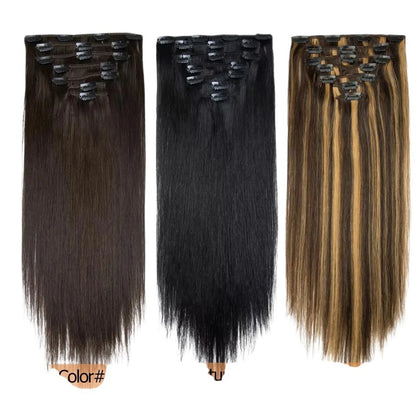 RitzWigs straight human hair clip-in extensions in brown, natural black, and highlighted P4/27 shades, 7-piece set.