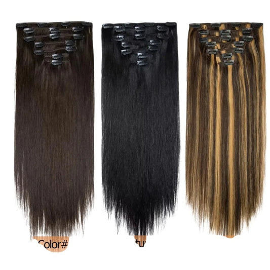 RitzWigs straight human hair clip-in extensions in brown, natural black, and highlighted P4/27 shades, 7-piece set.