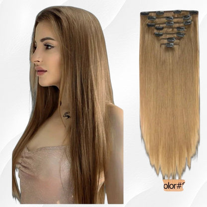 RitzWigs straight human hair extensions in light brown, featuring a 7-piece clip-in set for added length and volume.