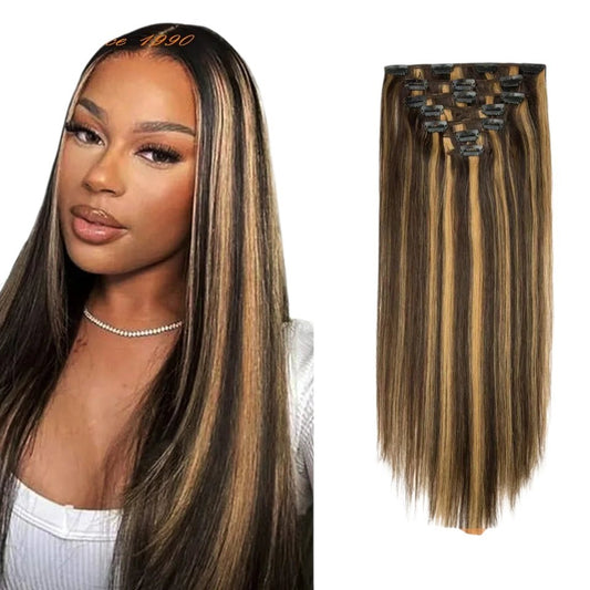 RitzWigs straight human hair clip-in extensions in P4/27 brown honey blonde with double weft for full head coverage.