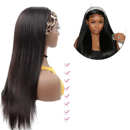RitzWigs straight human hair headband wig on a mannequin with a leopard print headband and a model inset