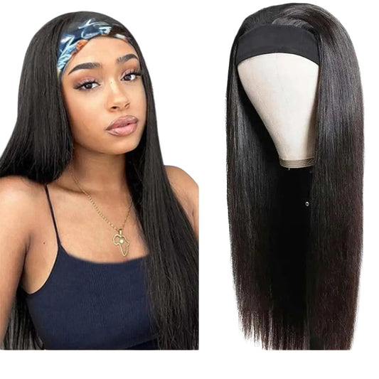 RitzWigs straight Brazilian Remy human hair headband wig on a model and a mannequin head
