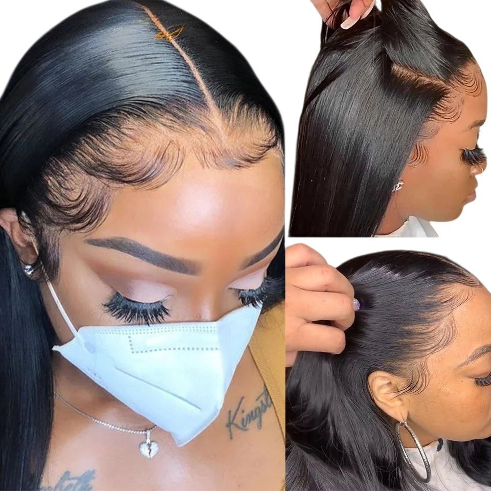 RitzWigs straight human hair lace front wig with pre-plucked hairline and natural baby hairs on a model