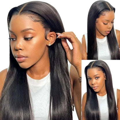 RitzWigs straight human hair lace front wig on a model with pre-plucked hairline and transparent HD lace