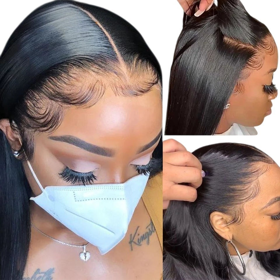 RitzWigs straight human hair lace front wig with pre-plucked hairline and natural baby hairs on a model