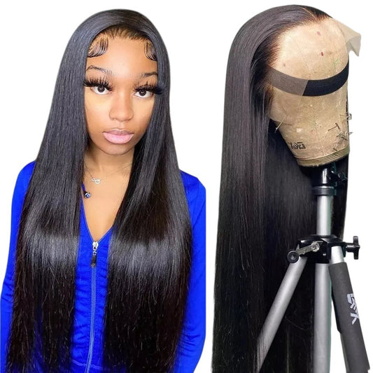 RitzWigs straight human hair lace front wig with pre-plucked hairline on a mannequin head and worn by a model