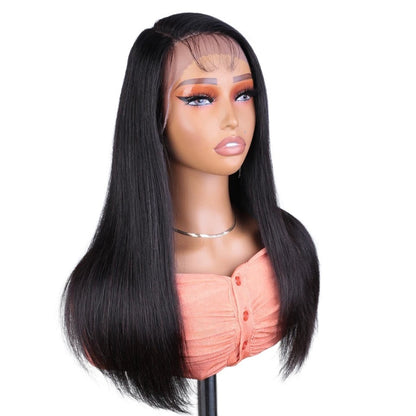 RitzWigs straight human hair lace front wig with a side part on a mannequin head featuring transparent Swiss lace.