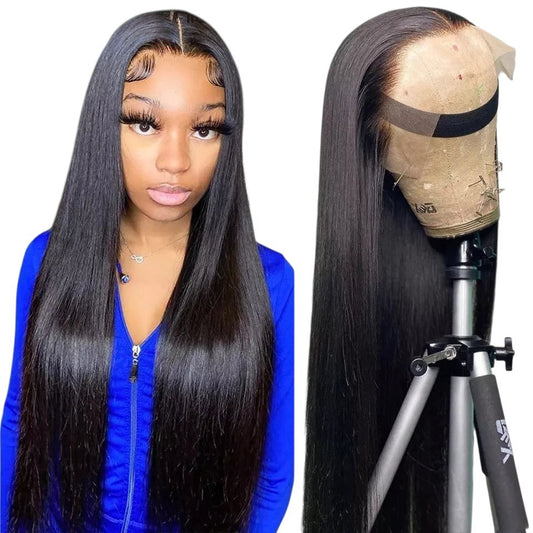 RitzWigs straight human hair lace front wig with pre-plucked hairline on a mannequin head and worn by a model