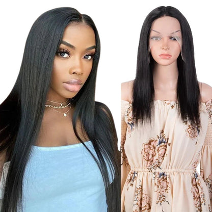 RitzWigs straight human hair lace front wig with transparent lace, shown on a model and a mannequin head.