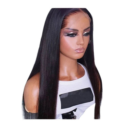 RitzWigs straight human hair T-part lace front wig on a mannequin with a pre-plucked hairline and transparent lace.