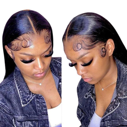 RitzWigs straight human hair lace front wig on a model with styled baby hairs and a natural middle part.