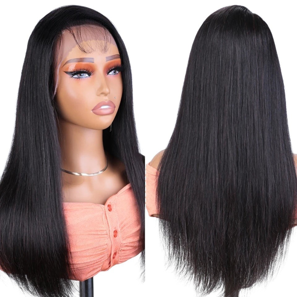 RitzWigs straight human hair lace front wig with transparent lace on a mannequin head, front and back view.