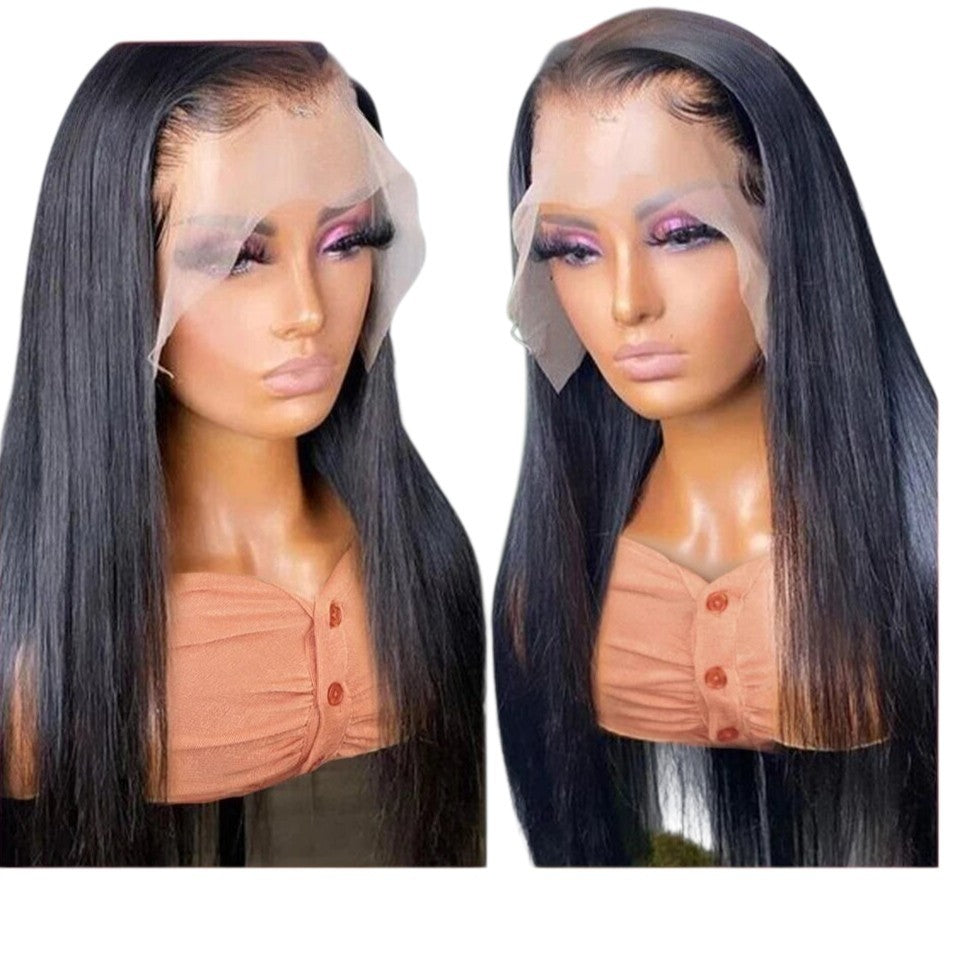RitzWigs straight human hair T-part lace front wig on a mannequin with a pre-plucked hairline and transparent lace