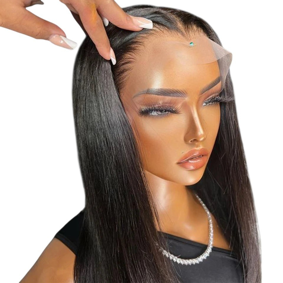 RitzWigs straight human hair lace front wig on a mannequin with transparent lace and pre-plucked hairline
