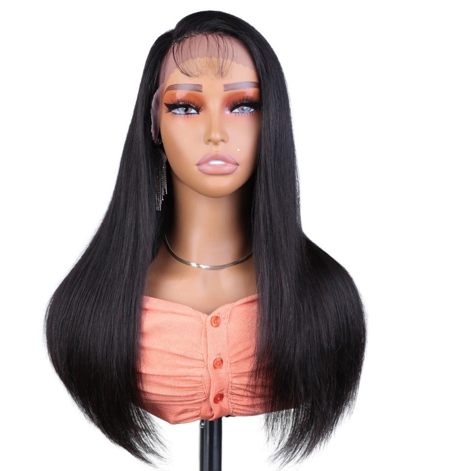 RitzWigs straight human hair lace front wig with a side part on a mannequin head featuring transparent Swiss lace.