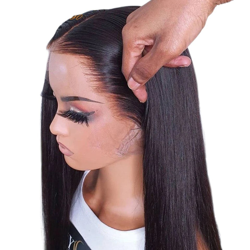 RitzWigs bone straight Brazilian human hair lace front wig with a pre-plucked hairline and transparent HD lace.