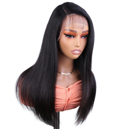 RitzWigs straight human hair lace front wig with a side part and transparent Swiss lace on a mannequin head.