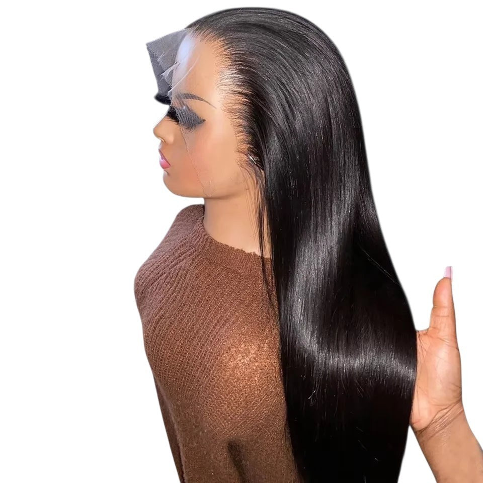RitzWigs straight human hair lace front wig with pre-plucked hairline and transparent lace on a mannequin