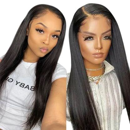 RitzWigs straight human hair lace front wig with a side part, featuring natural black Brazilian Remy hair.