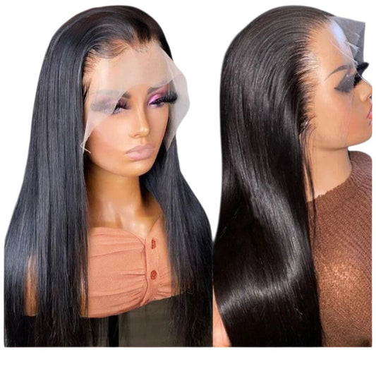 RitzWigs straight human hair T-part lace front wig on a mannequin with a pre-plucked hairline and transparent lace.