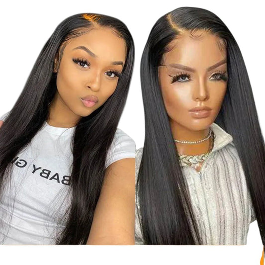 RitzWigs straight human hair lace front wig with a natural side part and transparent lace on a model