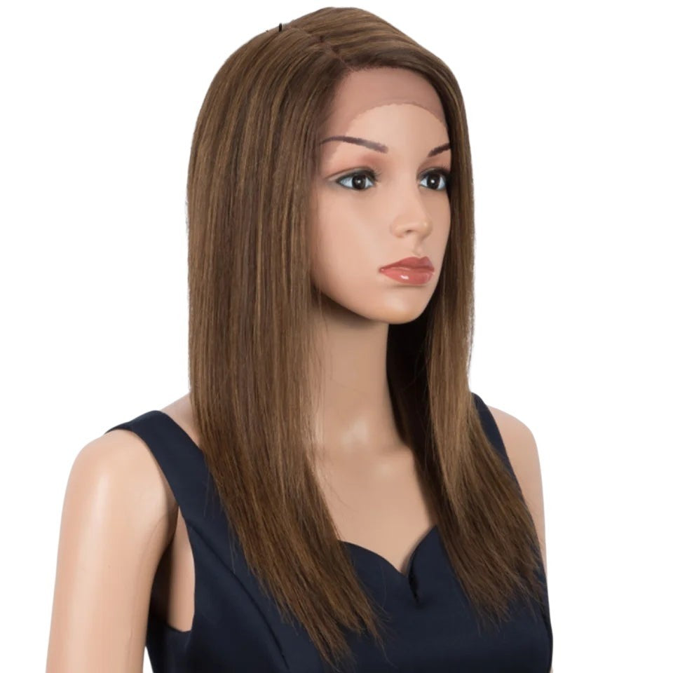 RitzWigs straight human hair lace wig in P4/30 ombre brown on a mannequin head with a side part.