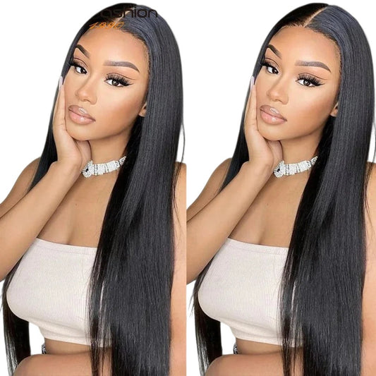RitzWigs straight human hair lace front wig with 180% density and pre-plucked hairline on a model