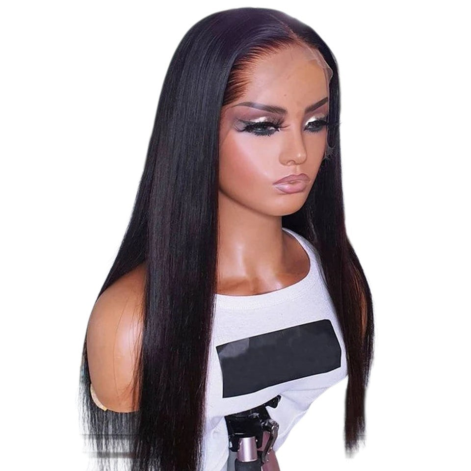 RitzWigs straight human hair T-part lace front wig on a mannequin with a pre-plucked hairline and transparent lace.