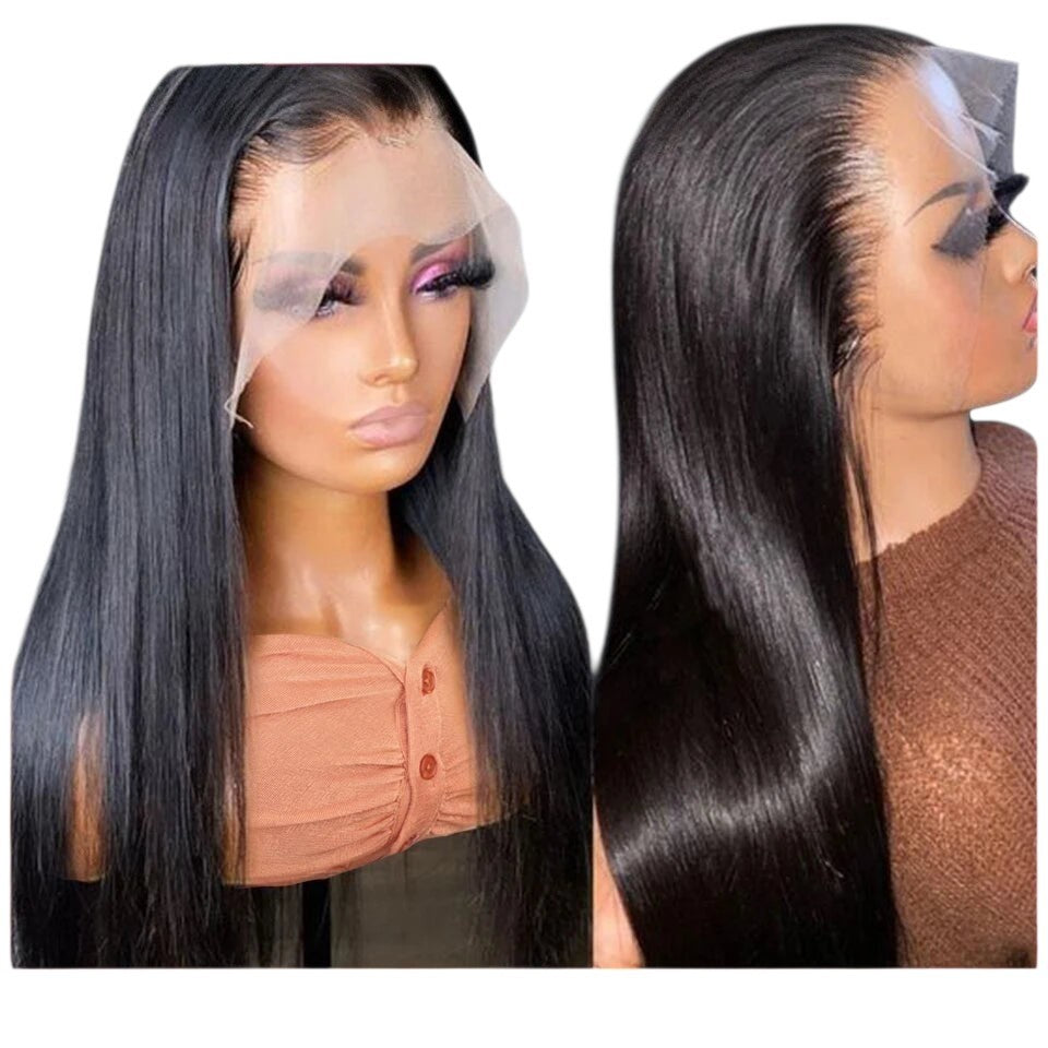RitzWigs straight human hair T-part lace front wig with pre-plucked hairline and transparent HD lace on a mannequin