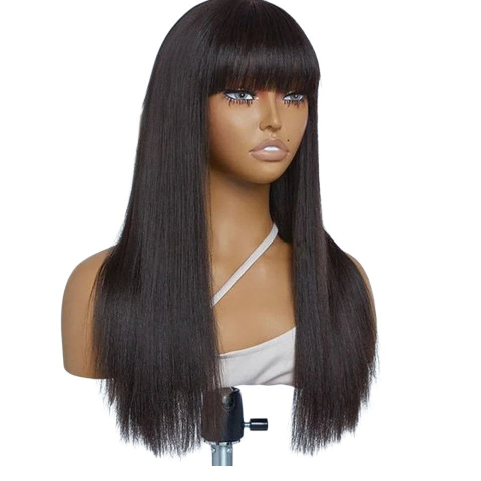 RitzWigs straight human hair wig with bangs on a mannequin head, featuring a natural black finish and lace base.