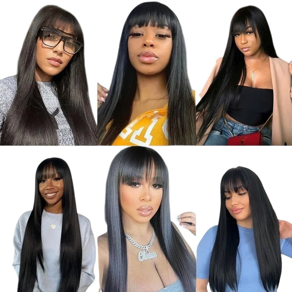 RitzWigs straight human hair wig with bangs, worn by various women in a collage showing different styling options.