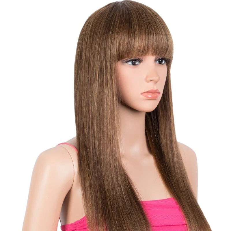 RitzWigs straight human hair wig with bangs on a mannequin, featuring a natural brown tone and smooth texture.