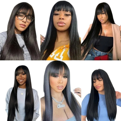 RitzWigs straight human hair wig with bangs, showcasing various styles on different women for a natural look.