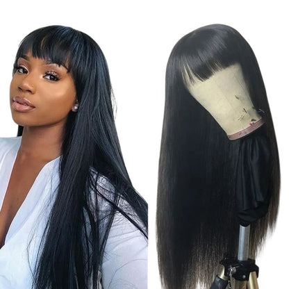 RitzWigs straight human hair wig with bangs in black, shown on a model and a mannequin head.
