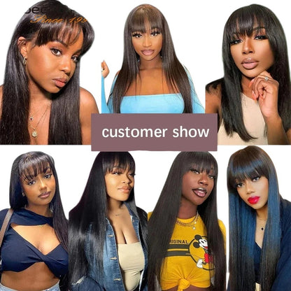 RitzWigs human hair straight wig with bangs worn by various women in a collage of customer photos