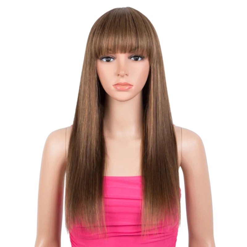 RitzWigs straight human hair wig with bangs in a highlighted P4/30/27 brown blend on a mannequin