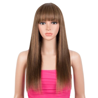 RitzWigs straight human hair wig with bangs in a highlighted P4/30/27 brown blend on a mannequin